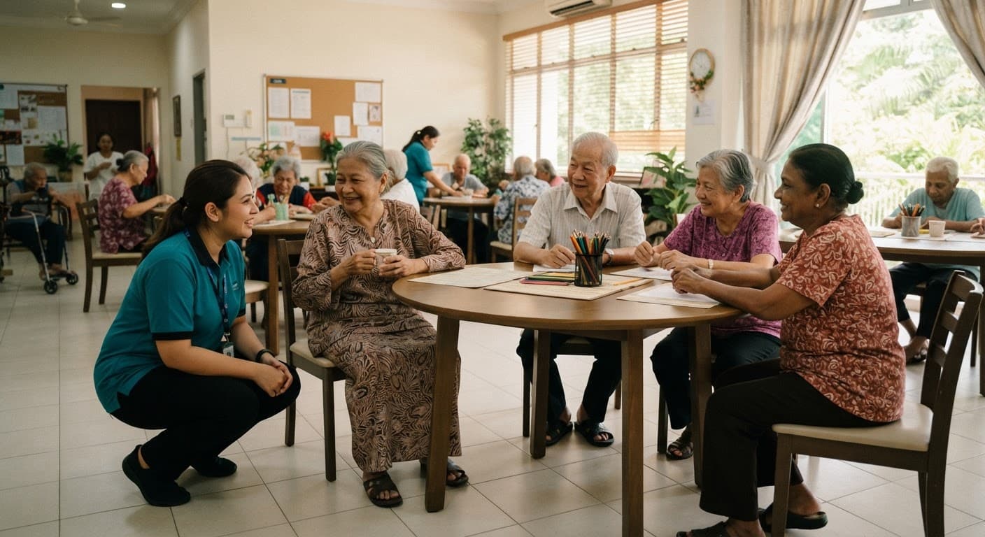 Older adults seated at tables in the common room of a Malaysian day care centre