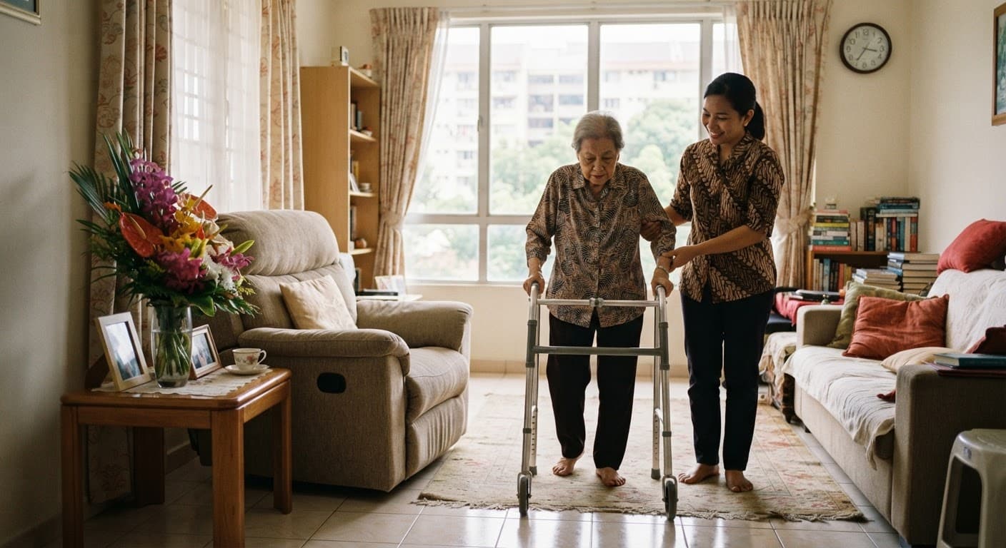 A care aide helping an older woman walk with a frame along a corridor at home