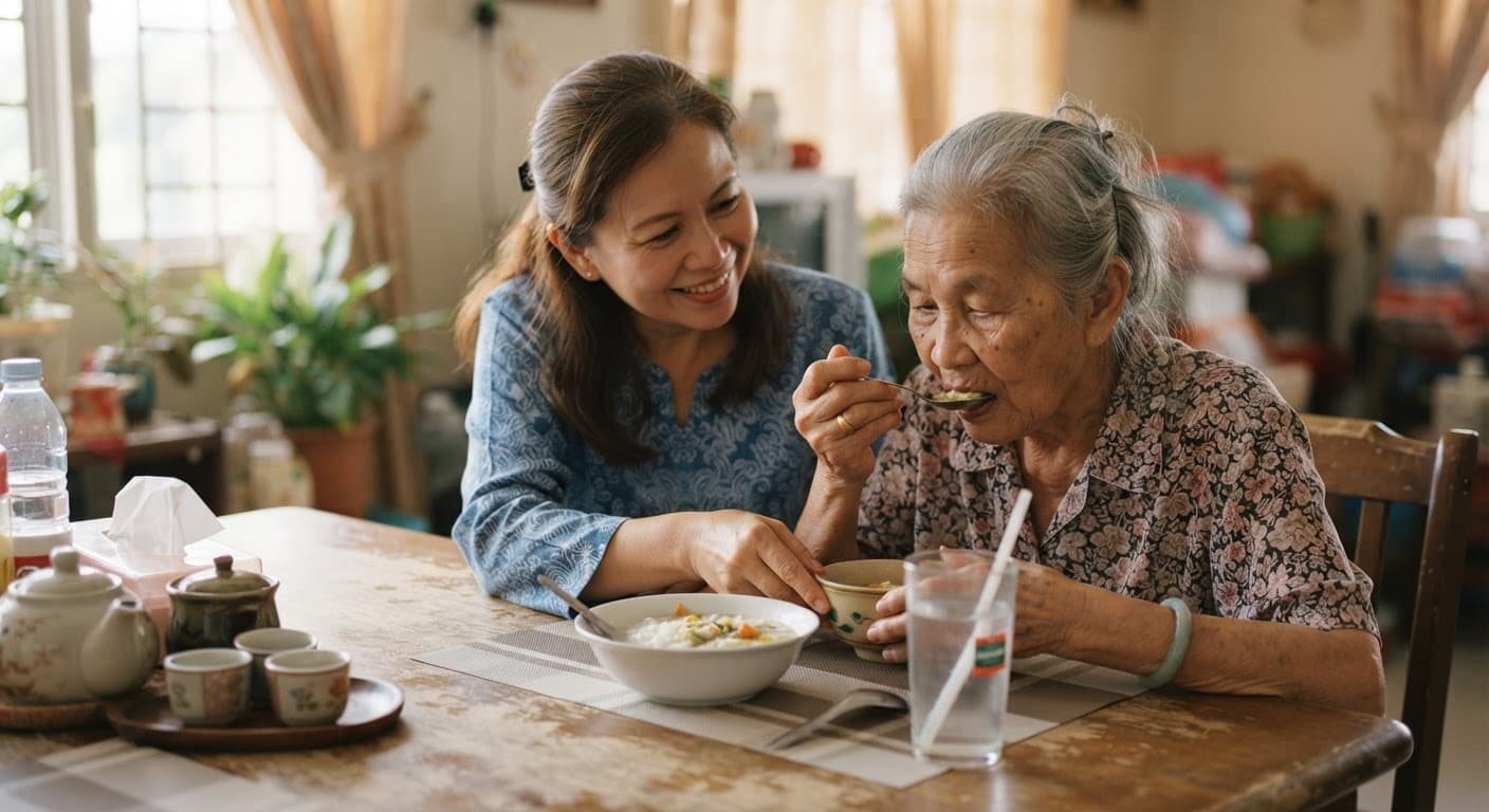 A carer seated at a table with an older man, a bowl of soft food between them