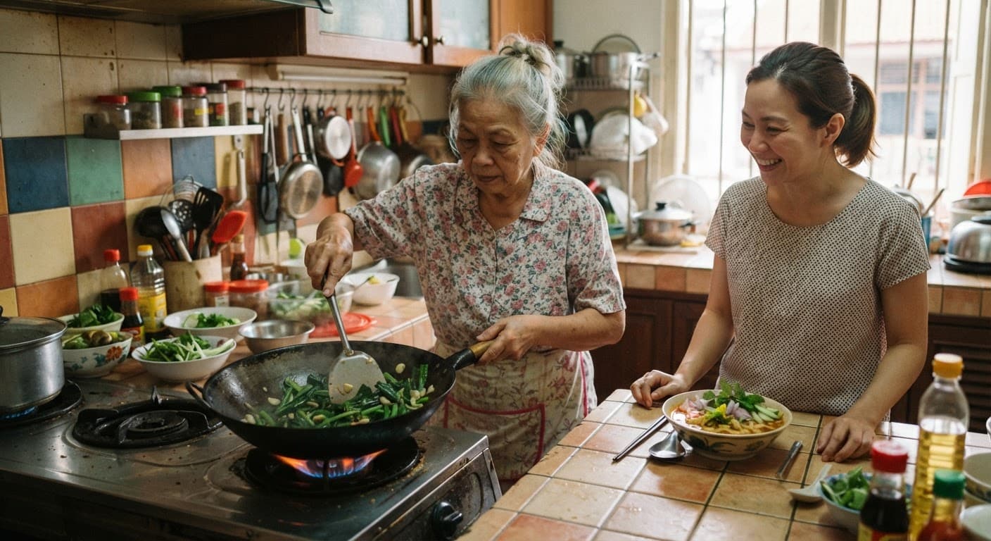 An older woman's hands kneading dough on a well-worn wooden table in a home kitchen