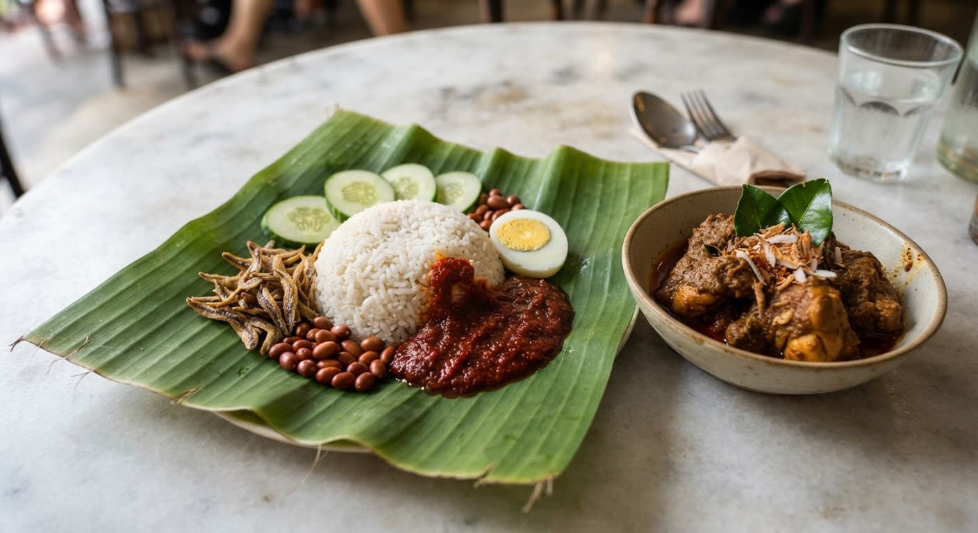 A plate of nasi lemak with cucumber, egg, anchovies and sambal on a banana leaf