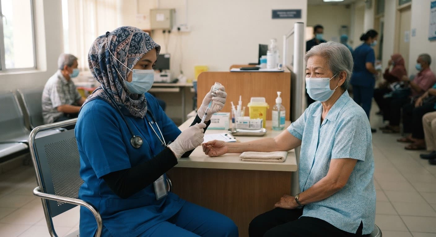 A nurse preparing a vaccine at a Malaysian clinic vaccination counter