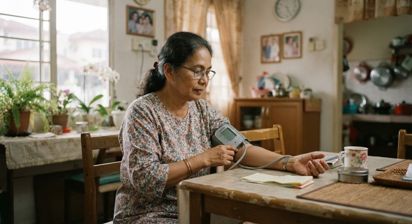 A home blood pressure monitor on a wooden dining table beside a notebook of readings