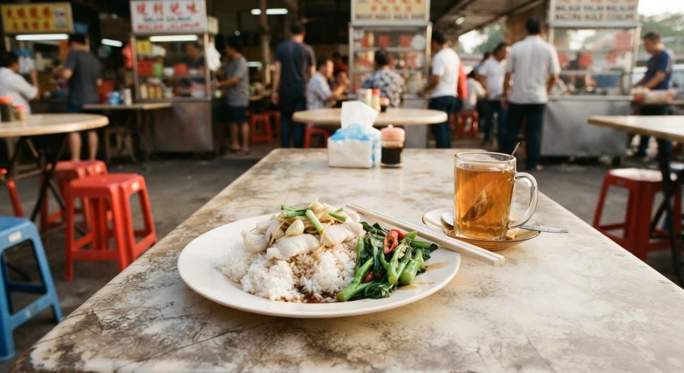 A hawker centre table with a plate of rice, vegetables and fish beside a cup of unsweetened tea