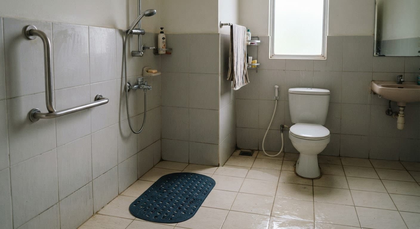 A bathroom with a grab bar beside the shower and a non-slip mat on the tiled floor