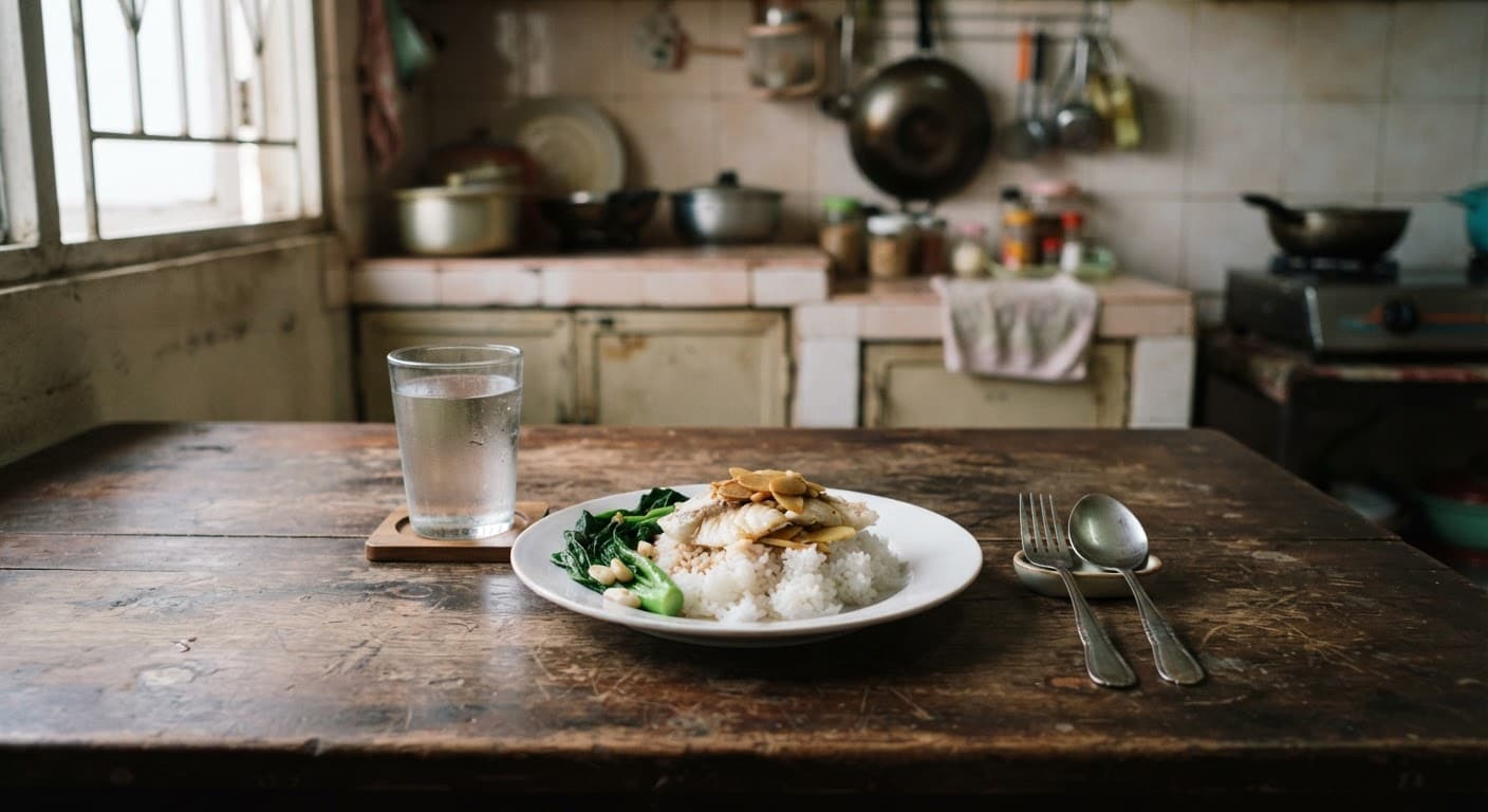 A blood test report on a table beside a glass of water and a simple plate of rice and vegetables