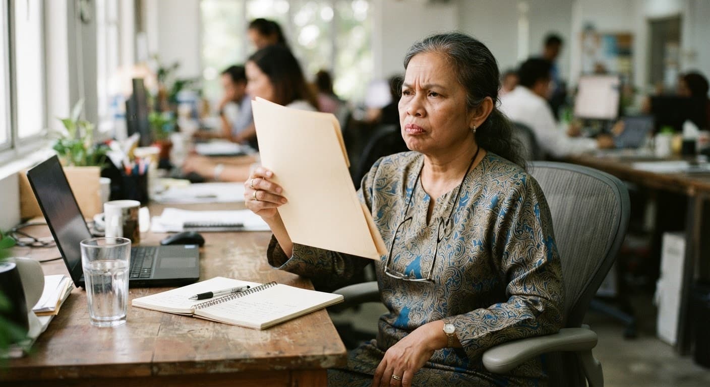 A woman in her early fifties at her office desk, thoughtful, a glass of water and a notebook in front of her