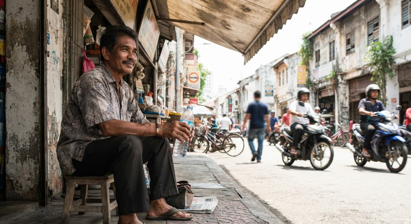 A man in his fifties resting in the shade of a Malaysian shophouse awning, a bottle of water in hand
