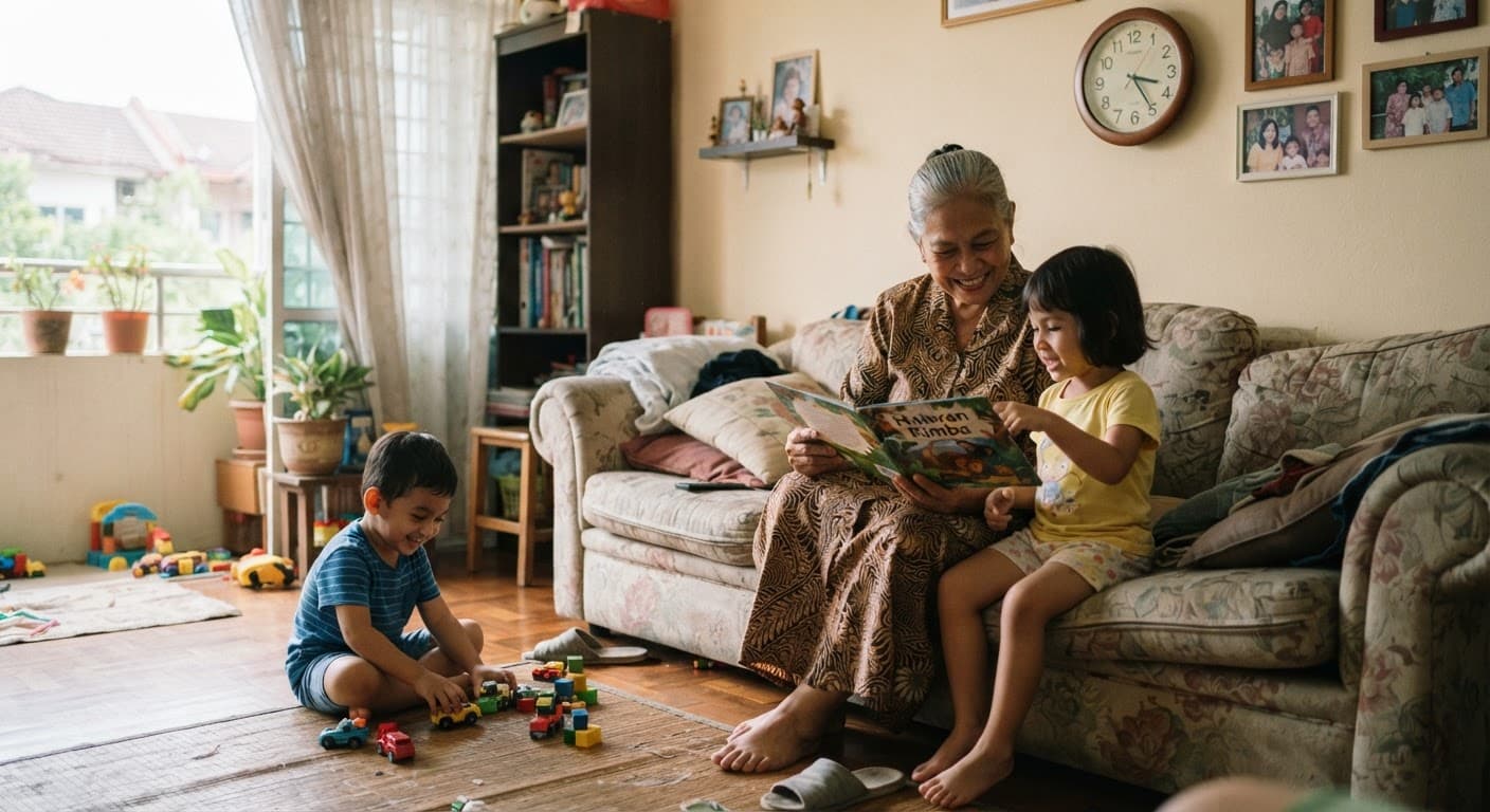 A Malaysian grandmother on the floor with a young grandchild, a school bag nearby