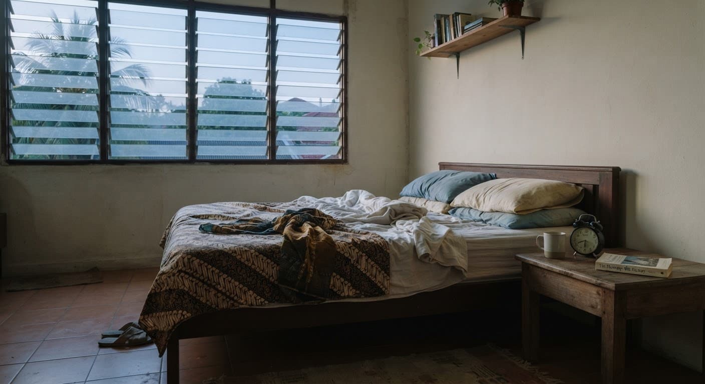 A bedroom at dawn with light through the curtains and a book on the bedside table