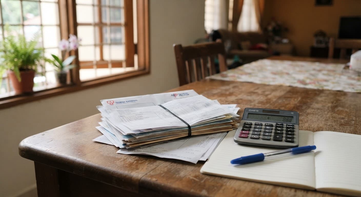 A hand annotating a printed monthly budget sheet with care costs