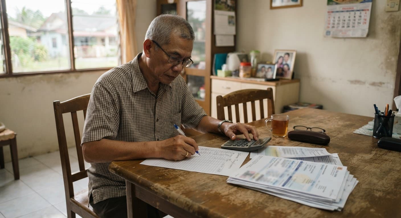 A retired man working through a monthly withdrawal plan at a dining table
