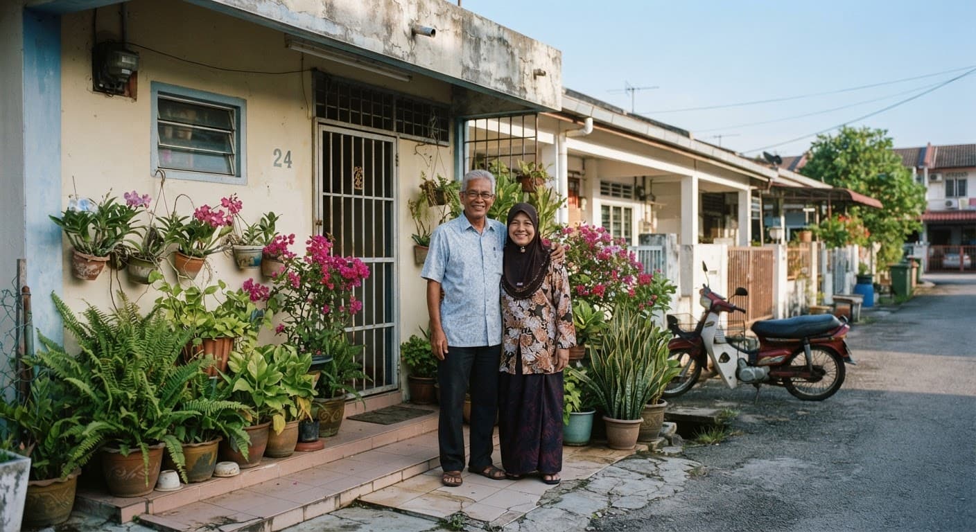 An older couple in front of a modest house in a smaller Malaysian town