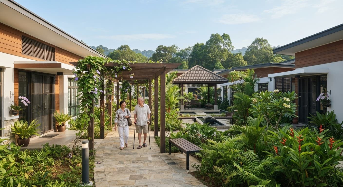 A landscaped walkway through a managed retirement village with covered linked walkways