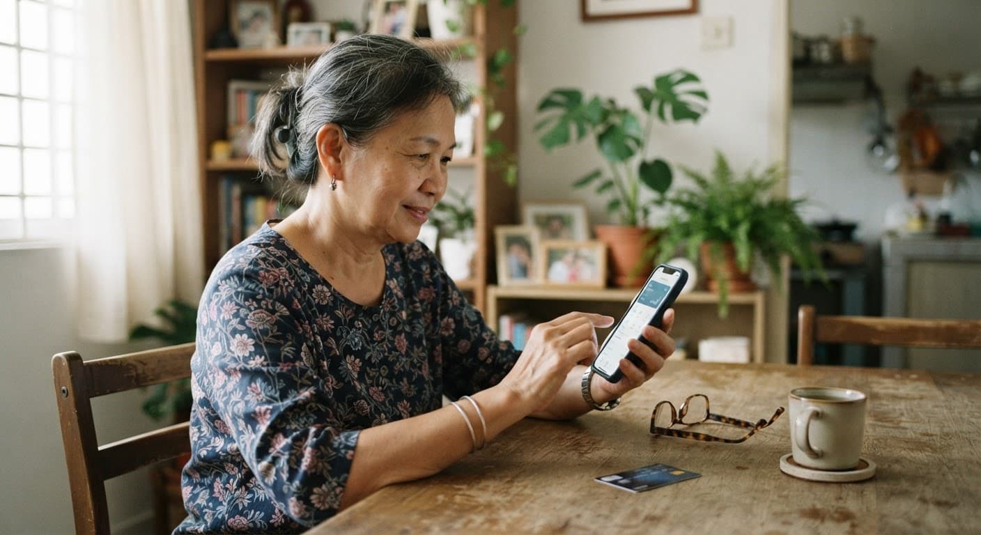 A hand holding a smartphone displaying a banking app beside a bank card on a table