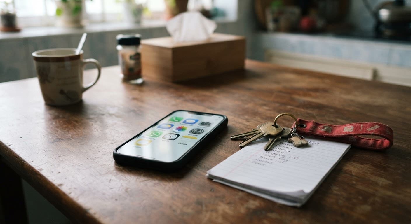 A smartphone on a kitchen table showing a row of large app icons beside a set of keys