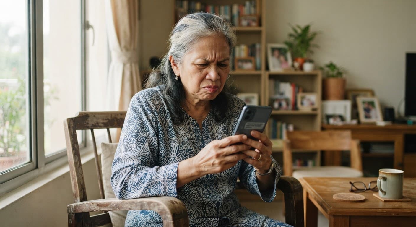 A smartphone showing a suspicious SMS message beside reading glasses on a table
