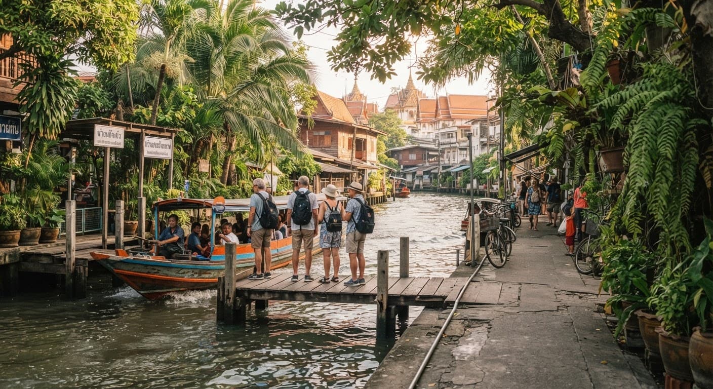 A shaded canal-side walkway in Bangkok with a ferry approaching a pier